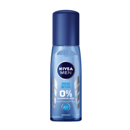 Découvrez le déodorant NIVEA MEN Fresh Active 75 ml : un flacon bleu élégant mettant en valeur la mention « 0 % d'aluminium (ACH) », garantissant une fraîcheur 24 heures sur 24. Le design comprend un bouchon bleu foncé et une étiquette pour homme, pour une sensation de confiance à chaque pulvérisation. Dakar