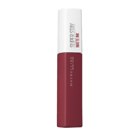 Un tube de rouge à lèvres Maybelline New York Superstay Matte Ink Ruler 80, d'une teinte rouge intense rappelant un coucher de soleil à Dakar, avec un bouchon blanc affichant le nom du produit. La partie inférieure du tube correspond parfaitement à la couleur vibrante du rouge à lèvres. Dakar