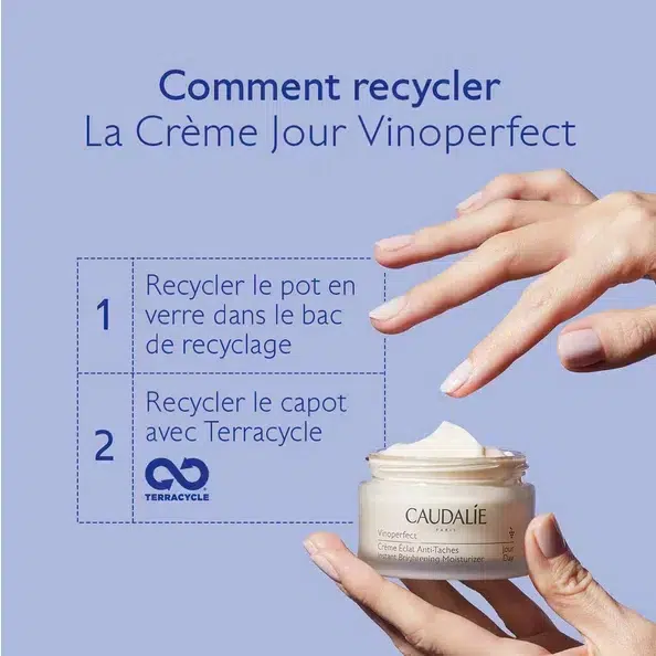 Mains tenant une Caudalie Vinoperfect Crème Éclat Anti-Taches Peau Sensible 50 ml sous le texte "Comment recycler La Crème Jour Vinoperfect" avec notice de recyclage. dakar