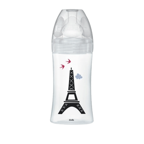 Un DODIE BIBERON VERRE PARIS 270ML orné d'un dessin de la Tour Eiffel et de deux oiseaux dessus