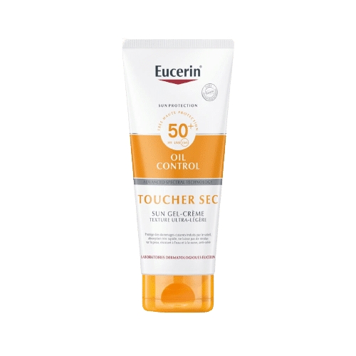 Tube de protection solaire indiquant "Eucerin SUN PROTECTION - Sensitive Protect Gel-Crème Solaire SPF50+ - Tous Types de Peaux