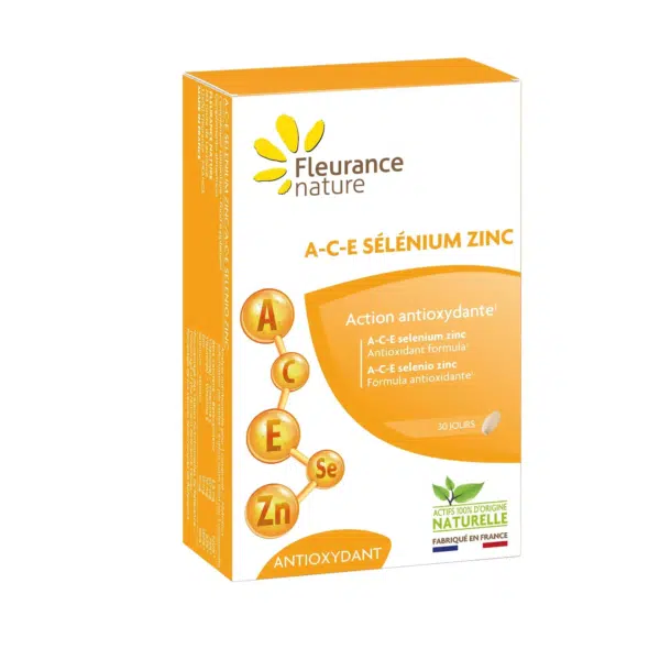 Coffret de compléments alimentaires Fleurance Nature A-C-E sélénium zinc, reconnus pour leurs bienfaits antioxydants. L'emballage orange et blanc met en valeur les ingrédients clés sur le devant. Ces 30 gélules, fabriquées en France, reflètent la qualité et le bien-être influencés par la culture vibrante de Dakar. Dakar