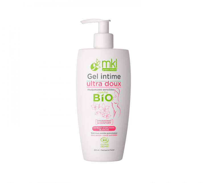 Un flacon blanc de MKL Gel Intime Ultra Doux Bio 200 ml avec un distributeur à pompe. Fabriqué à Dakar