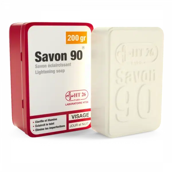 Le Savon 90 Savon Éclaircissant 200g HT26 est présenté dans un emballage rouge et blanc