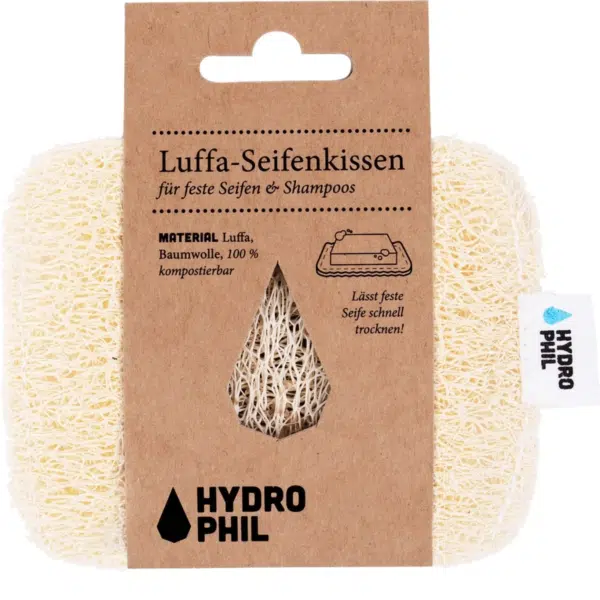 L'exfoliant Ebelin Éponge Luffa est emballé dans un emballage écologique, connu sous le nom de « Luffa-Seifenkissen », ce qui le rend idéal pour les savons et shampoings solides. Ce tampon en luffa naturel comprend une étiquette marron avec des informations sur le produit en allemand et une étiquette latérale blanche affichant le nom de la marque « Hydrophil ». Dakar