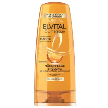 Le Soin Nourrissant Cheveux Secs Elvital Après Shampoing Öl Magique de L'Oréal Paris 200 ml incarne l'essence de Dakar avec son design orange et or saisissant. Infusé d'huiles de marula et de camélia enrichissantes, il offre nutrition et soin tout en mettant l'accent sur la durabilité grâce à son utilisation de plastique recyclé. Dakar