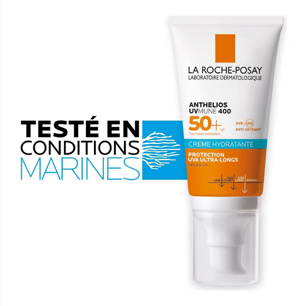 Tube de La Roche-Posay Anthelios UVMUNE 400 Ultra - Crème Spf50+ Sans Parfum 50 ml avec texte « Testé en conditions marines » et « Anthelios UVMune 400 »