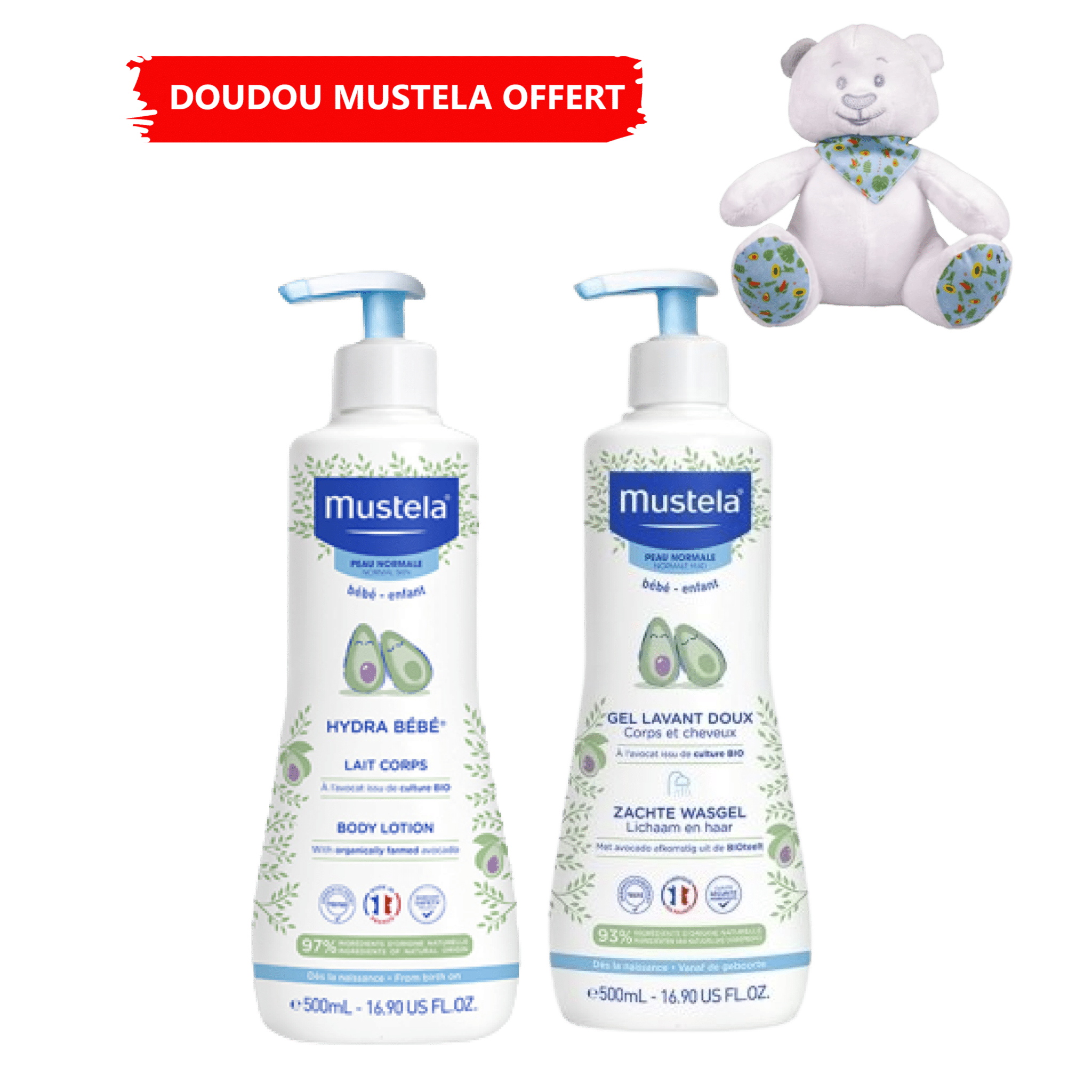 Deux produits Mustela Coffret Duo Soin Bébé Lait 500 ml + Gel Lavant 500 ml + Doudou OFFERT avec distributeur à pompe côtoient un ours en peluche blanc portant un bavoir à motifs et détails brodés