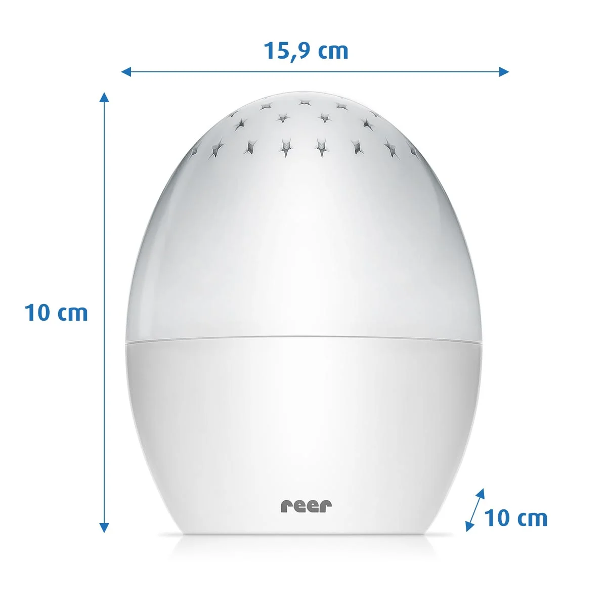 Le projecteur d'étoiles Reer Starlino est doté d'une veilleuse blanche en forme d'œuf ornée de motifs étoilés sur le dessus