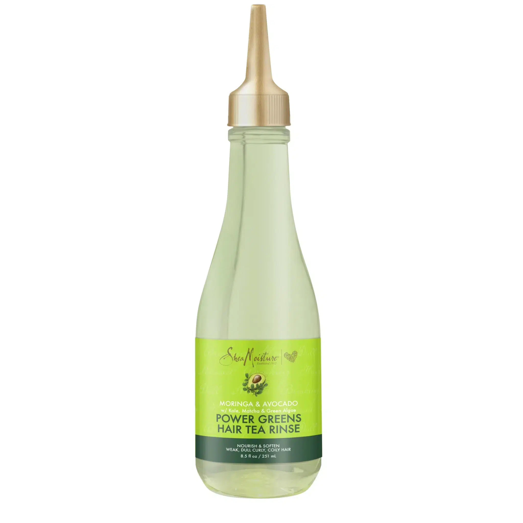 Un flacon de 237 ml de Shea Moisture Moringa and Avocado Power Greens Hair Tea Rinse Revitalise Cheveux avec une étiquette verte et un bouchon doré. dakar