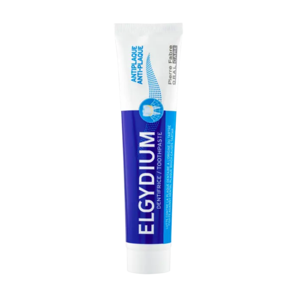 Un tube de Dentifrice Antiplaque ELGYDIUM 100 ml, arborant un design bleu et blanc qui souligne ses avantages anti-plaque, est positionné sur un fond uni. Dakar