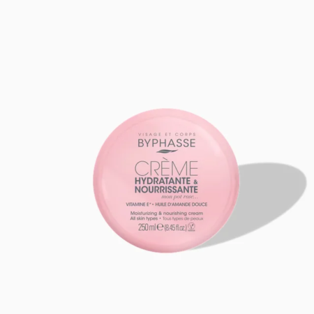 Un contenant rose de BYPHASSE Crème Hydratant Infini 24H jour et nuit 60 ml, enrichi en vitamine E et en huile d'amande douce, convient à tous les types de peau. La crème hydratante et nourrissante projette une ombre vers la droite. Dakar